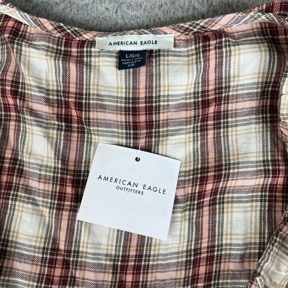 American Eagle Blouse Women Large Red Pink Plaid Peplum Tunic Waist Tie Bell Top - Picture 5 of 11